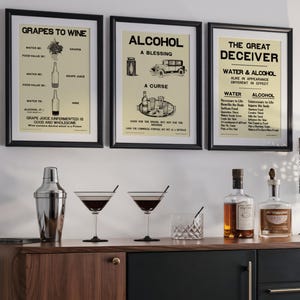 Vintage Prohibition Bar Cart Art Set of 3 Speakeasy Prints, Printable Retro Alcohol Posters for Home Bar or Kitchen Decor, Cocktail Bar Art