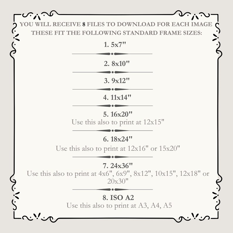 A list of all the different sizes these prints can be printed in: 4x6,6x9, 8x12, 10x15, 12x18, 16x24, 20x30, 24x36, 6x8, 9x12, 12x16, 15x20, 18x24, 4x5, 8x10, 12x15, 16x20, A2, A3, A4, A5, 5x7, 11x14