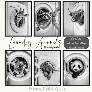 Set of 26 Funny Animals in Washing Machines Laundry Room Prints, Printable Animal Laundry Room Decor, Laundry Wall Art Bundle