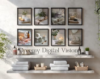 Spa Wall Art Set of 8 – Neutral Bathroom Decor Prints, Relaxing Botanical Digital Downloads, Wellness Self Care Aesthetic, Spa Lover Gift