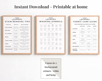 Set of 3 Laundry Care Prints, Laundry Washing Symbols, Stain Removal & Fabric Care Guides, Laundry Guide Room Home Decor, Laundry Room Decor