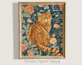 Impresión de gato de jengibre, fondo floral inspirado en William Morris, cartel de gato boho, regalo para amantes de los gatos, arte de gato imprimible, descarga digital