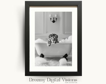 Lion in Bathtub Print, Bathroom Decor, Animal in Bathtub Print, Lion Poster, Gift for Animal Lovers, Funny Bathroom Art, Digital Download