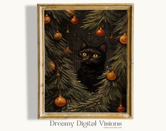 Cat Christmas Print, Cat Art, Christmas Cat Decoration, Cat Decor, Cat Poster, Winter Print Festive, Cat In Christmas Tree, Digital Download