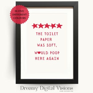 Funny Toilet Wall Art, 5 Star Review Print, Would Poop Here Again, Cloakroom Wall Art, Guest Bathroom Print, Toilet Sign, Funny Toilet Print