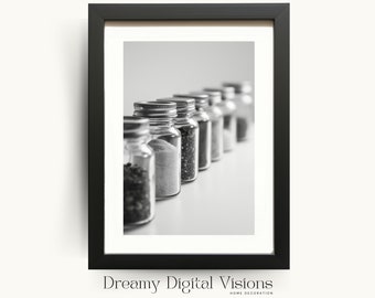 Kitchen Print, Black and White Spice Jars, Gift for Bakers, Kitchen Printable Wall Art, Food Art, Food Lover Gift, Digital Download