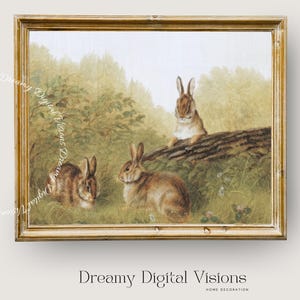 Vintage Rabbit Painting, Vintage Country Farmhouse Decor, Downloadable Art Rabbits, Vintage Bunny Oil Painting, Antique Spring Print