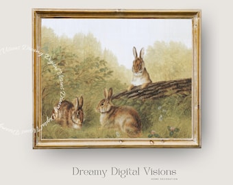 Vintage Rabbit Painting, Vintage Country Farmhouse Decor, Downloadable Art Rabbits, Vintage Bunny Oil Painting, Antique Spring Print