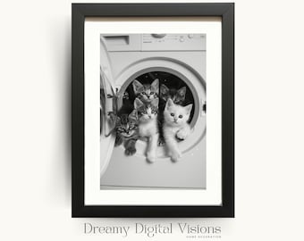 Cute Kittens in Washing Machine, Laundry Room Print, Utility Room Decor, Gift for Cat Lover, Laundry Wall Art, Printable Digital Download