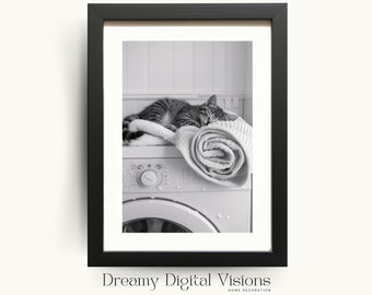 Laundry Room Print, Cute Kitten Asleep on Washing Machine, Wash room decorations, Printable Laundry Room Wall Art, Digital Download