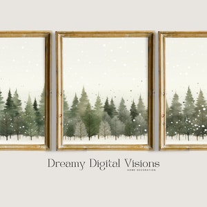 May include: Three framed watercolor paintings of a snowy forest scene with green trees and white snow. The frames are gold and the paintings are arranged in a row.