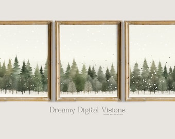 Snowy Evergreen Tree Wall Art Set of 3, Winter Landscape Printable Christmas Decor, Watercolour Pine Forest Triptych Digital Download