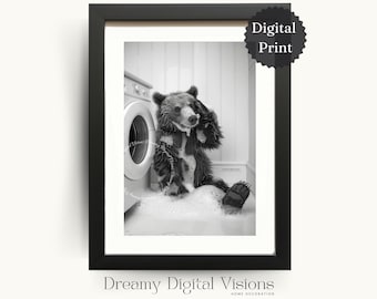 Laundry Room Wall Art, Funny Laundry Room Decor, Stressed Bear Doing the Washing, Laundry Room Decor, Laundry Print, Digital Download