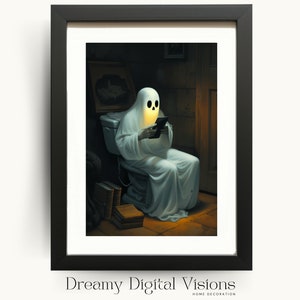 Ghost on the Toilet Reading Phone Print, Ghost Bathroom Wall Art, Dark Academia, Gothic Painting, Halloween Decoration, Digital Printable