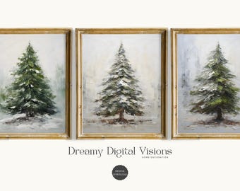 Julgranstryck, Set om 3, Vintergröna träd, Juldekor, Vintergalleriset, Vinterskogstavla, Vintergrönt träd, Julkonst
