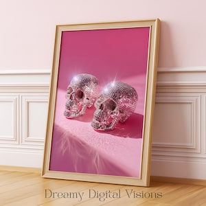 Pink Halloween Decor Skulls Wall Art, Disco Ball Wall Art, Preppy Trendy Y2K Aesthetics, Printable Glam Skull Wall Decor, Pink Retro Goth
