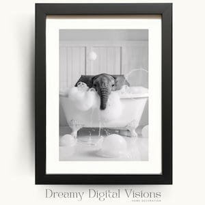 Elefant i badkar, badrumsväggkonsttryck, elefanttryck, rolig badrumskonst, utskrivbar digital nedladdning, present till djurälskare