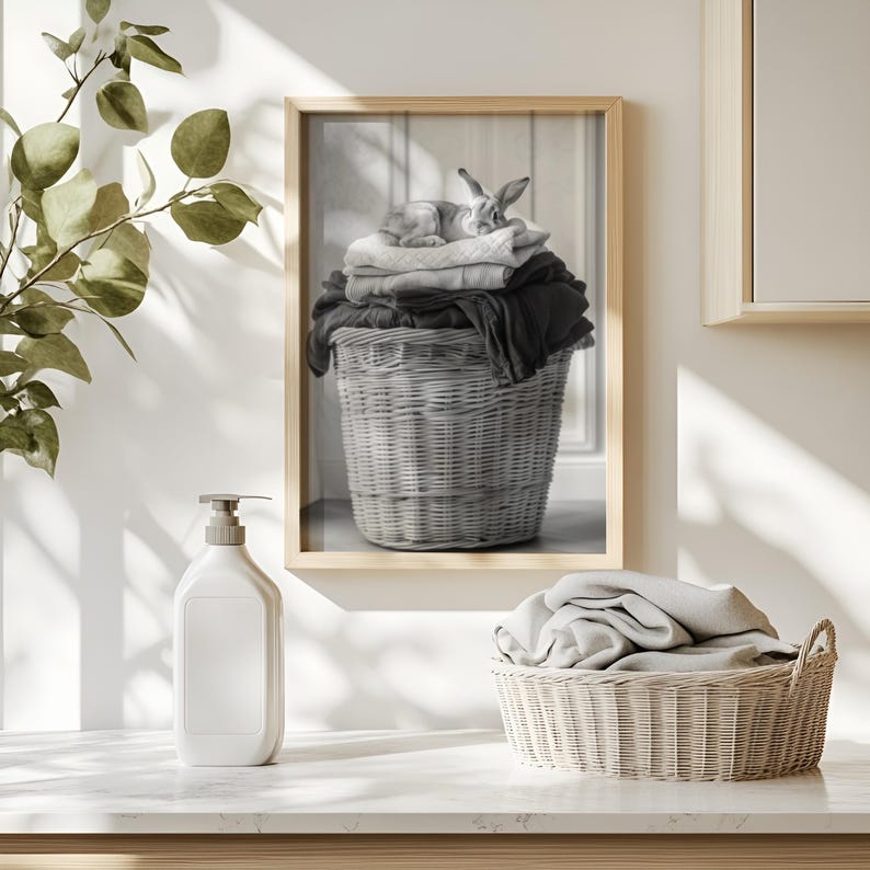 Adorable Bunny Rabbit in Laundry Basket, Laundry Room Wall Art, Laundry ...
