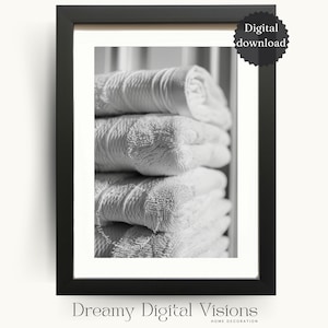Laundry Room Print, Pile of Fluffy Towels, Laundry Room Decor, Utility Room Print, Laundry Wall Art, Black and White Print, Digital Download
