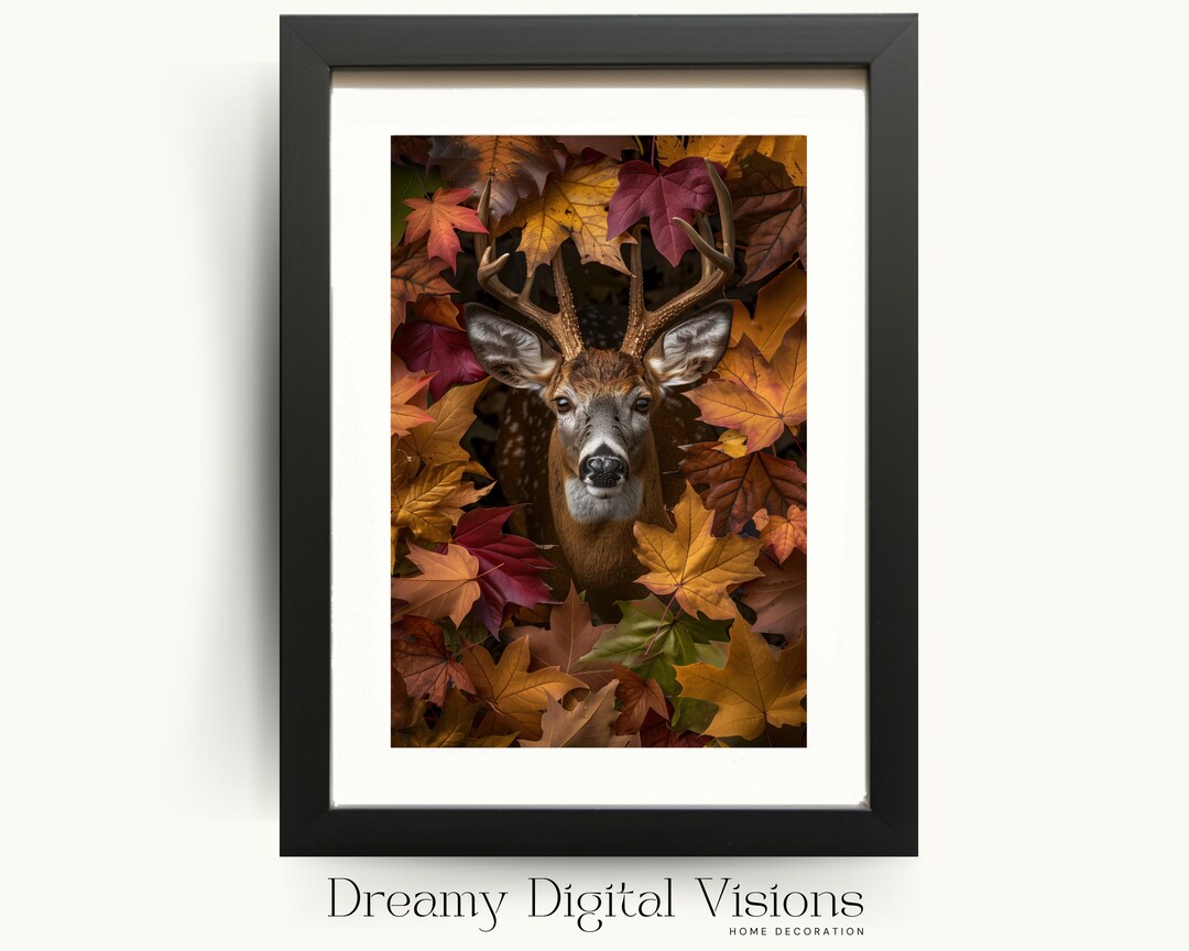 Deer Amongst Autumn Leaves Digital Print, Rustic Fall Decor Printable ...