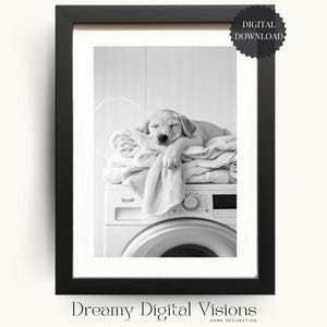 Black and white digital print of a golden Labrador puppy sleeping on a stack of folded towels on top of a front-loading washing machine. The puppy is resting with its head on the towels, eyes closed, creating a cosy and peaceful laundry room scene. Shown framed with a white mount and black frame on a neutral background. Cute dog photography digital wall art for laundry room decor, farmhouse laundry, or dog lover home decor.