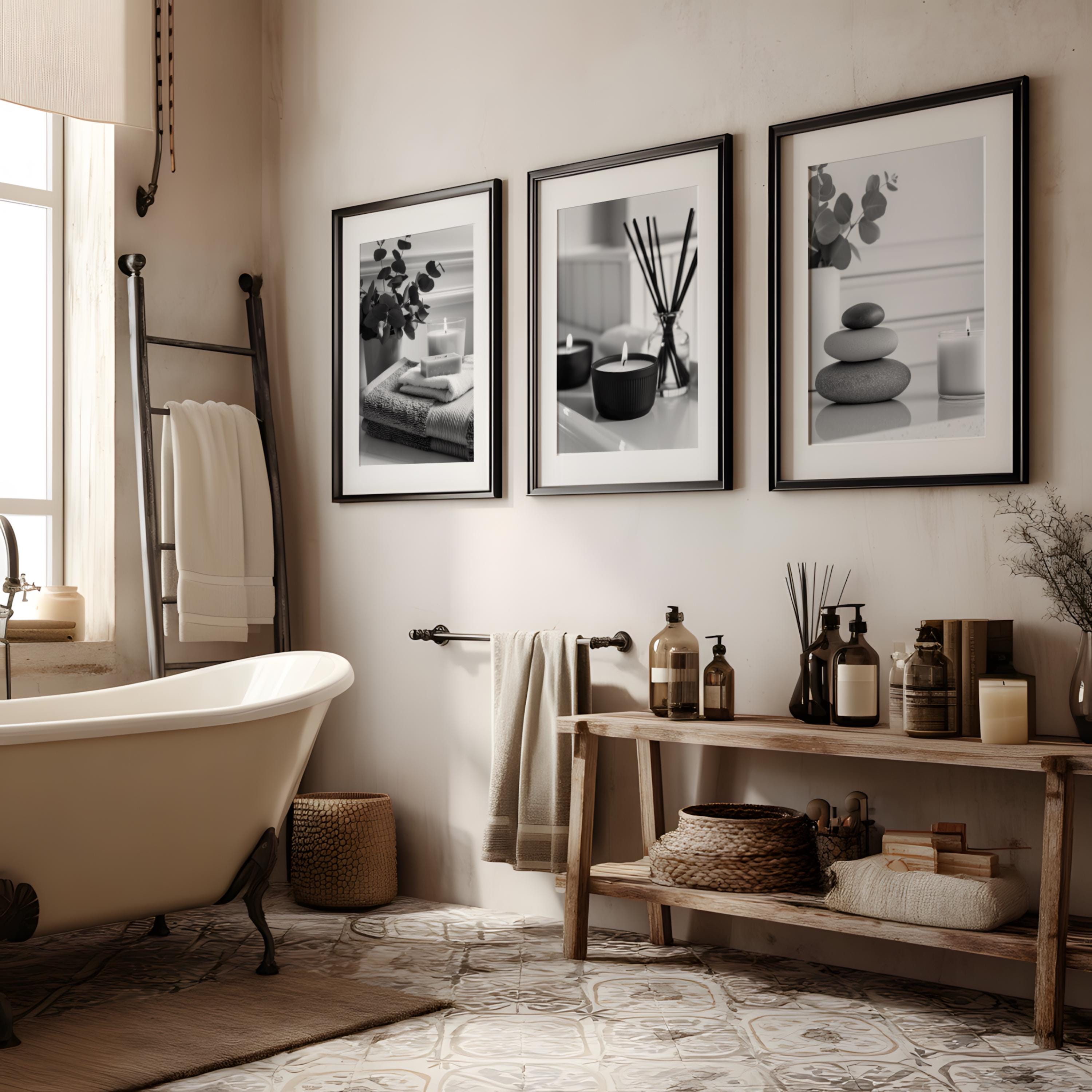 Set of 3 Relaxing Spa Bathroom Prints, Minimalist Black and White ...