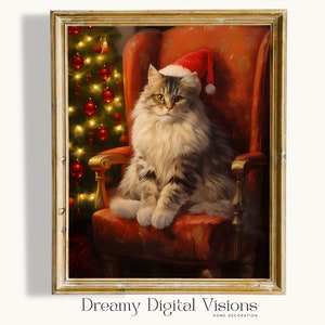 Vintage Style Christmas Cat Oil Painting, Christmas Home Decor Cat Print, Holiday Cat Print, Christmas Gift for Cat Lovers, Festive Cat Art