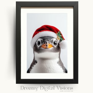 Adorable Penguin in Christmas Hat, Cute Christmas Art, Printable Seasonal Home Decor, Holiday Kids Room Decor, Christmas Wall Art