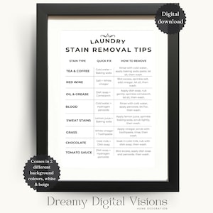 Laundry Stain Removal Guide Print, laundry room decor, digital download, Country Farmhouse laundry guide, stain remover printable