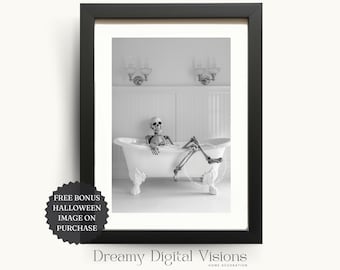 Skeleton in Bath Wall Art Printable, Funny Gothic Halloween Skeleton Bathroom Wall Art, Halloween Guest Bathroom Decor, Powder Room Art