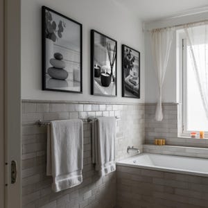 A set of 3 relaxing spa bathroom prints. Featuring minimalist black and white photography, each print showcases a calming scene with candles, towels, and soothing natural elements, displayed on the wall in a contemporary bathroom setting