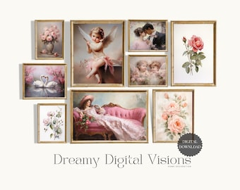 Vintage Valentijnsdag fotowand, set van 9, romantische kunst aan de muur, Valentijn printables, Valentijnsdag prints, vintage rozen prints