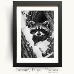 Raccoon Winter Print, Winter Woodland Wall Art, Rustic Winter Home Decor,   Nature Lover Gift, Winter Wildlife Print, Minimalist Wall Art
