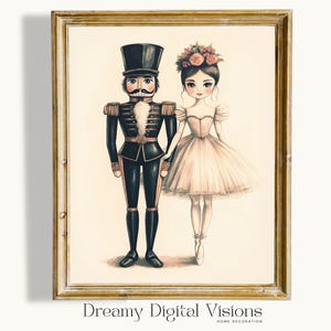 Puede incluir: Una ilustración de acuarela de un cascanueces y una bailarina. El cascanueces lleva un uniforme negro con detalles dorados y un sombrero rojo. La bailarina lleva un tutú blanco y una corona floral. El fondo es de color beige claro.
