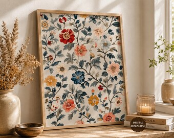Estampado floral vintage, arte mural estilo cottagecore, decoración botánica neutra, arte mural estilo casa de campo inglesa, arte imprimible rústico de granja