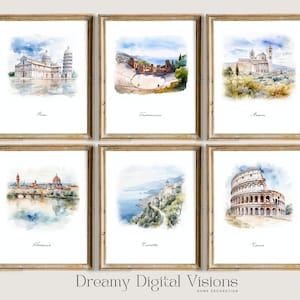 Italy Watercolor Set of 6 Digital Prints, Italy Landscapes Poster, Rome Florence Pisa, Italy Wall Art, Travel Poster, Mediterranean Decor