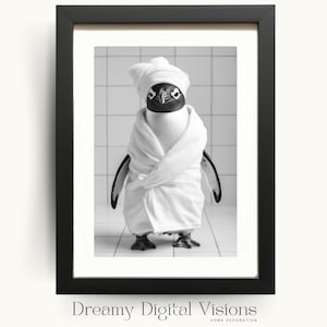 Cute Penguin in Bathrobe and Turban Bathroom Print, Funny Bathroom Art, Bathroom Animals Wall Art Penguin, Printable Kids&#39; Bathroom Decor