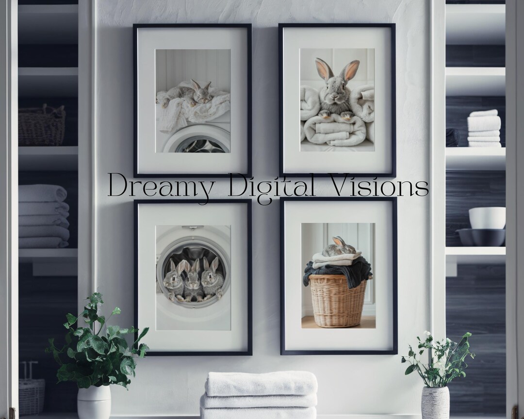Baby Bunny Rabbit Laundry Wall Art Set of 4, Laundry Room Decoration ...