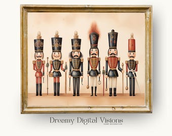 May include: A vintage-style illustration of seven toy soldiers in a row. The soldiers are wearing red, blue, and black uniforms with gold accents. They are holding various weapons and accessories, including a sword, a drum, and a flag. The illustration is framed in a gold frame with a white mount.