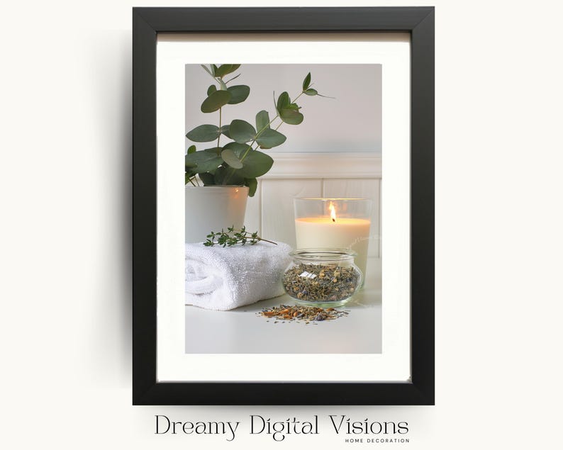 A close-up framed digital illustration of eucalyptus, a lit candle, and dried herbs resting on clean towels, photographed against a light background to highlight modern spa bathroom decor.