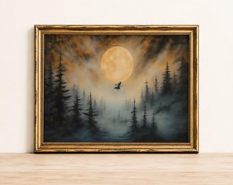Witch Flying Full Moon Art Print, Moody Gothic Halloween Decor (Digital Download)