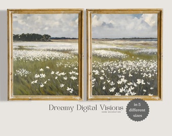 Spring Meadow Landscape Oil paintings, Set of 2 Vintage Prints, Printable Vintage Gallery Wall Art Set, Farmhouse Decor, Spring Wall Art