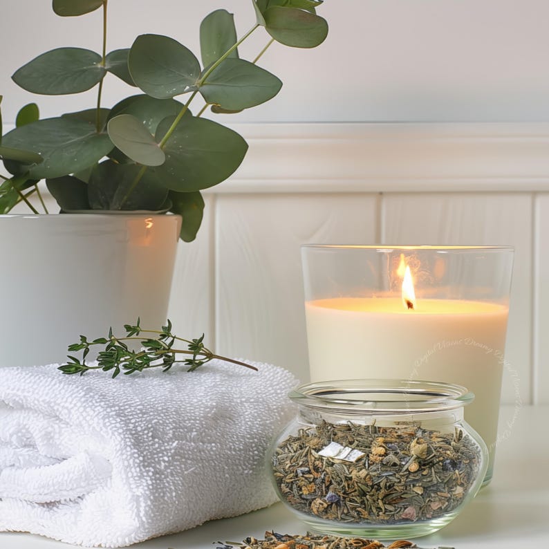 A soft digital photograph featuring a white towel, a glass candle glowing warmly, a small jar of dried herbs and a potted eucalyptus plant arranged on a clean surface, styled in gentle natural light to create a serene spa-inspired atmosphere suitable for relaxing bathroom wall art and modern botanical decor.