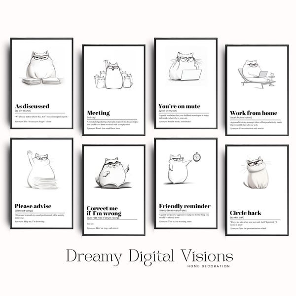 8 Funny Office Prints, Cat Office Decoration, Funny Office Definitions, Decorating Office Walls, Funny Office Gallery, Wall Art for Offices