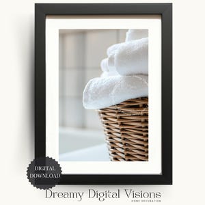 Elegant Laundry Room Decor, Stacked Fluffy Towels in a Washing Basket Laundry Print, Laundry Shelf Art, New Homeowners Gift Laundry Wall Art