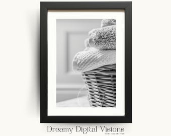 Laundry Room Decor, Stacked Fluffy Towels in a Washing Basket, Printable Utility Room Print, New Homeowners Gift, Laundry Home Decor