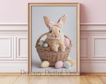 Easter Bunny Print, Bunny Rabbit in a Basket of Easter Eggs, Digital Photo, Spring Nursery Decor, Farmhouse Bunny Print, Bunny Wall Art