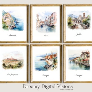 Italian Watercolor Set of 6 Digital Prints - Italy Landscapes, Positano, Gubbio, Bellagio, Venice, San Gimignano, Camogli, Italy Wall Art