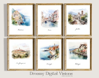 Italian Watercolor Set of 6 Digital Prints - Italy Landscapes, Positano, Gubbio, Bellagio, Venice, San Gimignano, Camogli, Italy Wall Art