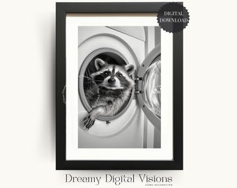 Cute Raccoon in Washing Machine, Laundry Room Print, Funny Laundry Decor, Laundry Wall Art, Utility Room Print, Printable Digital Download